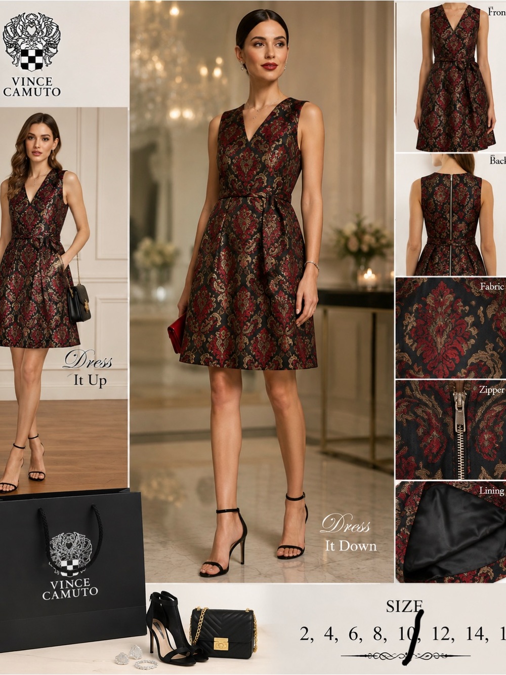 Vince Camuto Red & Gold Jacquard A-Line Dress